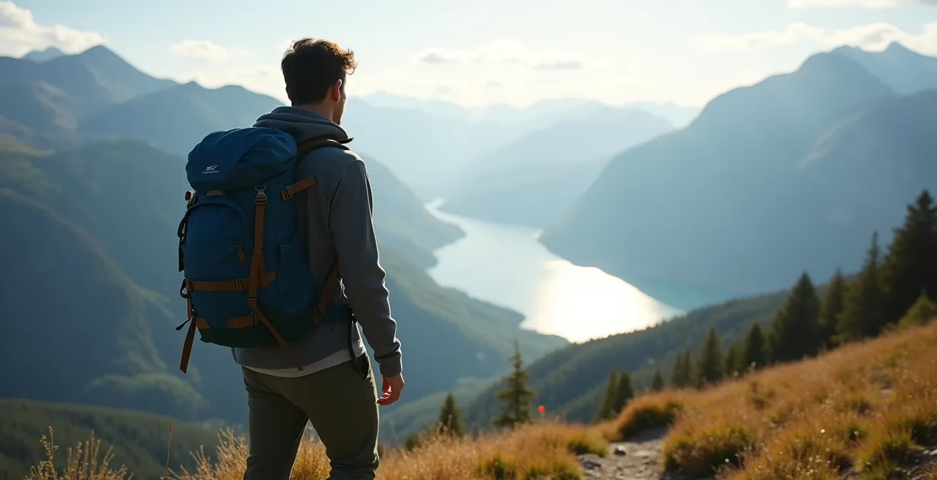 Randonneur sur un sentier de montagne avec vue plongeante sur le lac d'Annecy